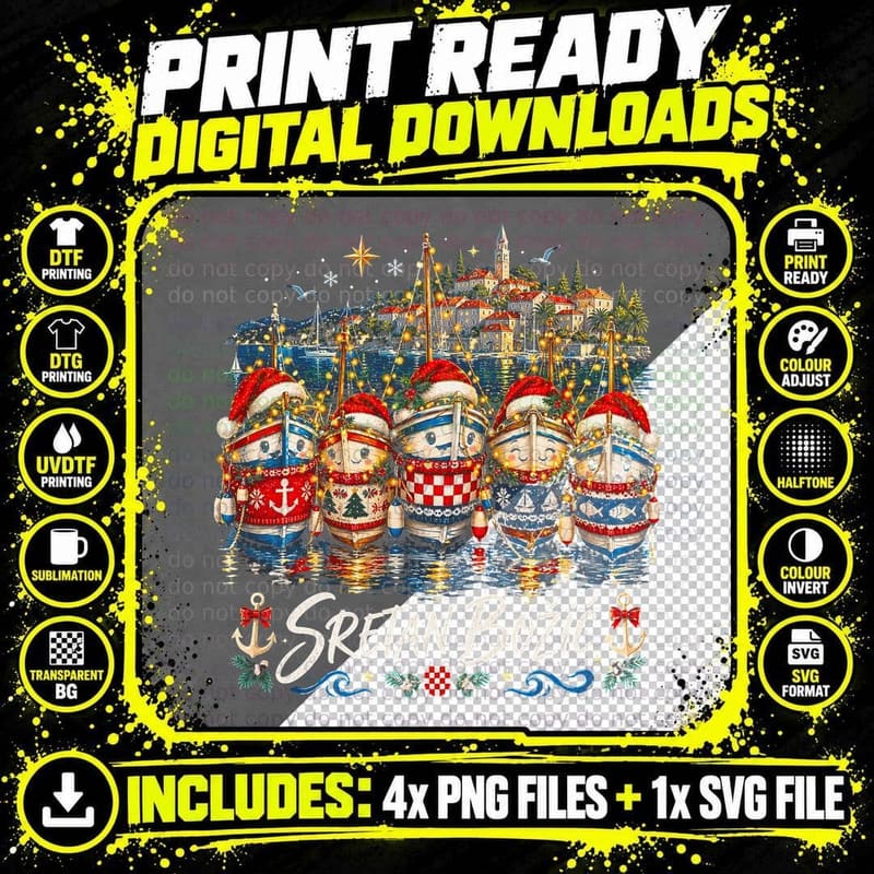 Sretan Bozic Adriatic Boats Christmas Sweaters Croatian Harbour Halftone T-Shirt Png SVG Digital Bundle