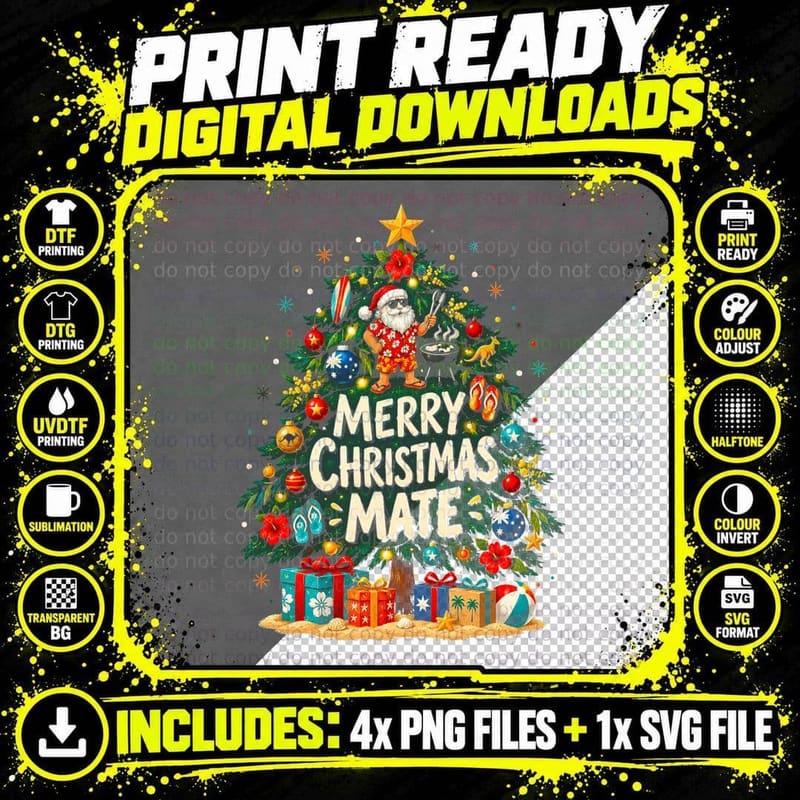 Merry Christmas Mate BBQ Santa Aussie Xmas Tree Flip Flops Halftone T-Shirt Png SVG Digital Bundle