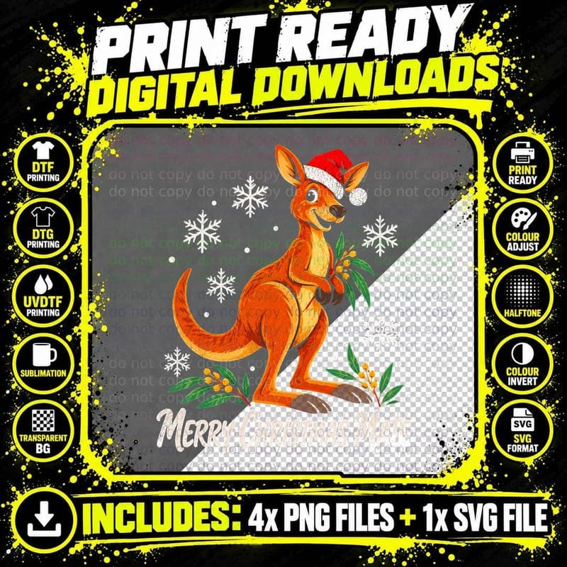 Merry Christmas Mate Kangaroo Santa Hat Wattle Australian Xmas Halftone T-Shirt Png SVG Digital Bundle