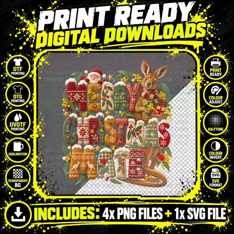Merry Christmas Mate Knitted Letters Kangaroo Basket Wattle Halftone T-Shirt Png SVG Digital Bundle