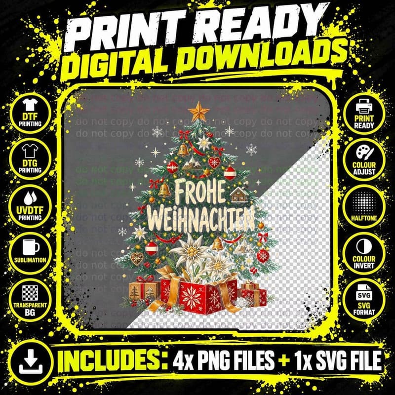 Frohe Weihnachten Austrian Christmas Tree Edelweiss Alpine Halftone T-Shirt Png SVG Digital Bundle