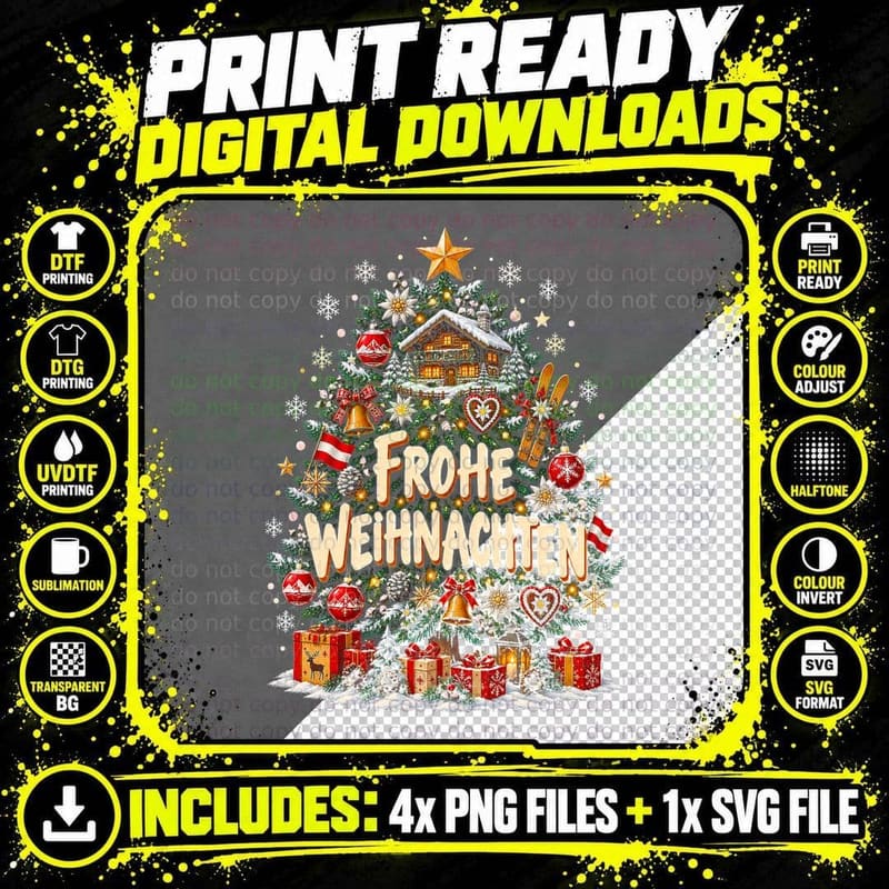 Frohe Weihnachten Austrian Xmas Tree Chalet Skis Gingerbread Halftone T-Shirt Png SVG Digital Bundle