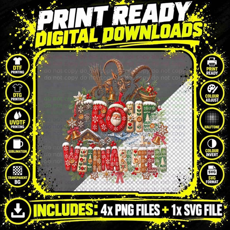 Frohe Weihnachten Krampus Knitted Letters Austrian Christmas Halftone T-Shirt Png SVG Digital Bundle