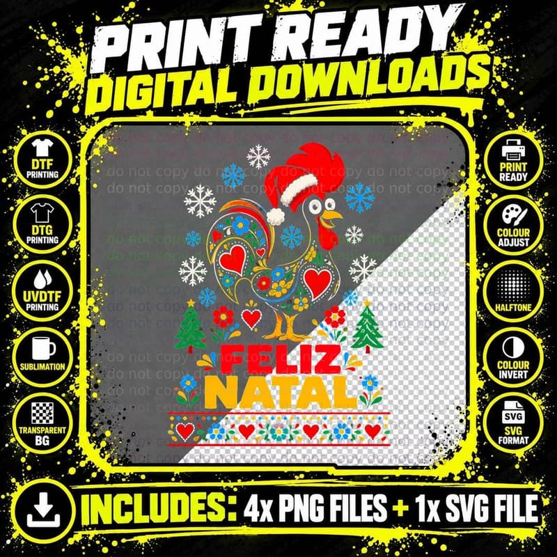 Feliz Natal Barcelos Rooster Santa Hat Portuguese Christmas Halftone T-Shirt Png SVG Digital Bundle