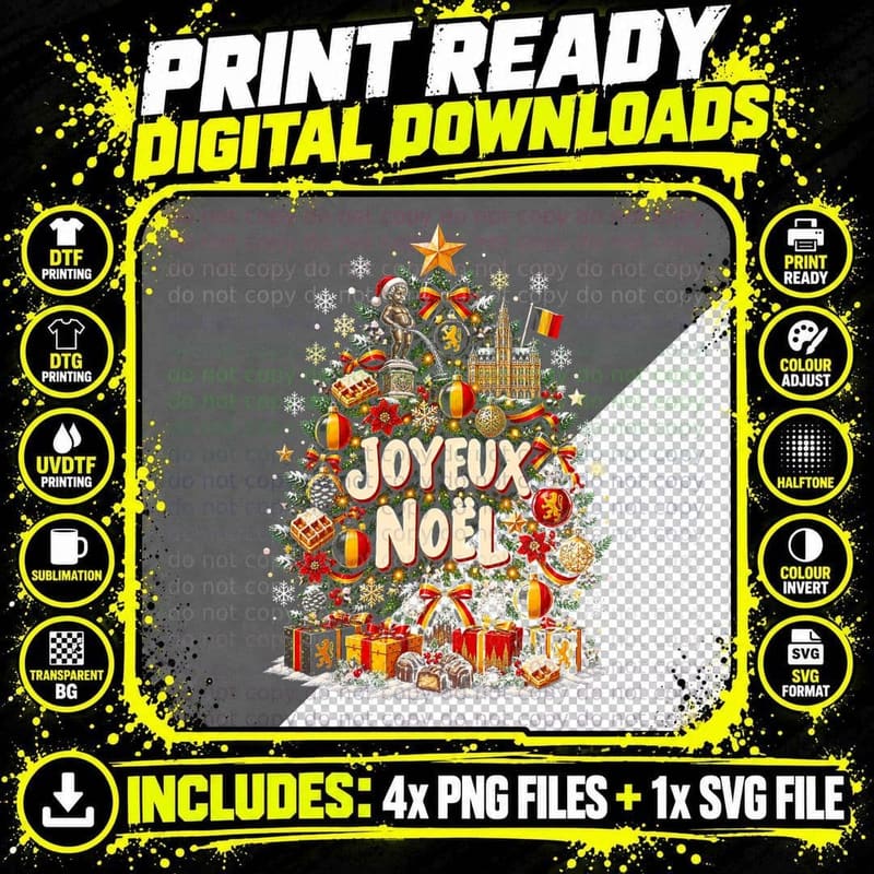 Joyeux Noel Belgian Christmas Tree Waffles Chocolates Brussels Halftone T-Shirt Png SVG Digital Bundle