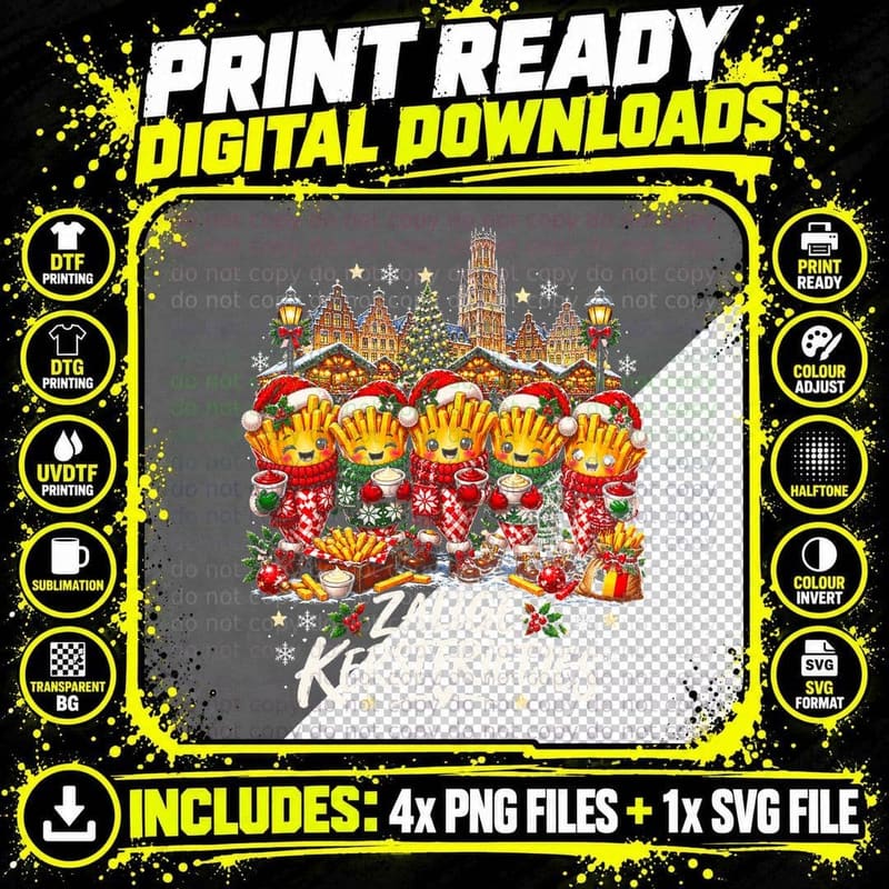 Zalige Kerstfrietjes Belgian Fries Christmas Jumpers Funny Pun Halftone T-Shirt Png SVG Digital Bundle