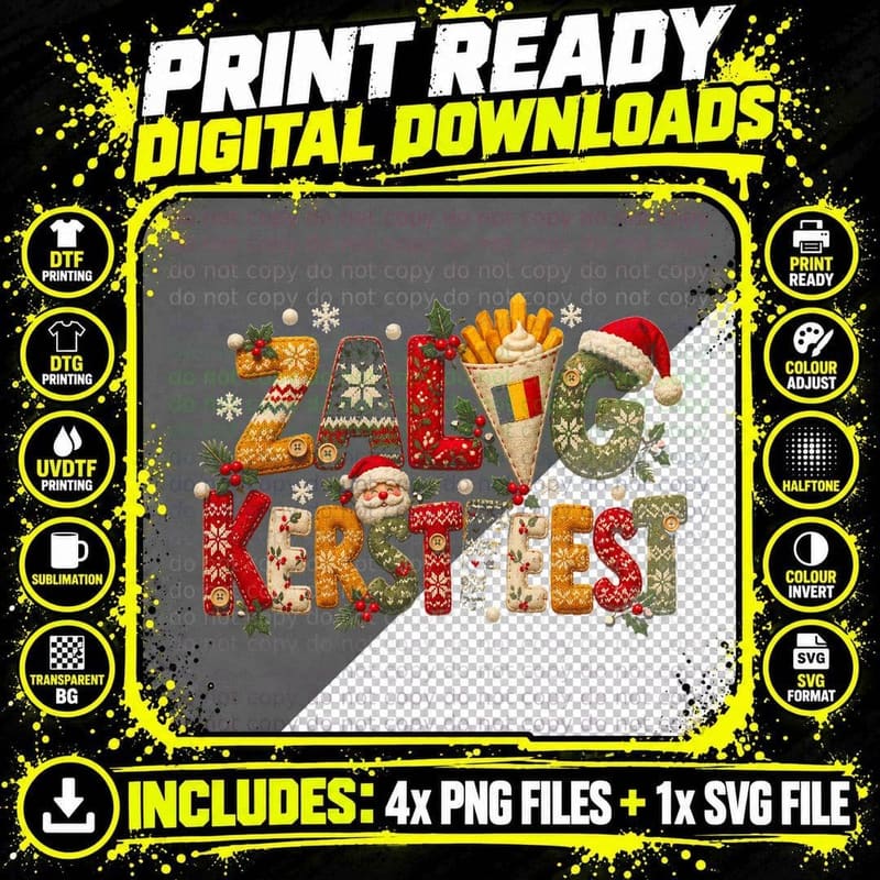 Zalig Kerstfeest Belgian Frites Cone Knitted Letters Christmas Halftone T-Shirt Png SVG Digital Bundle
