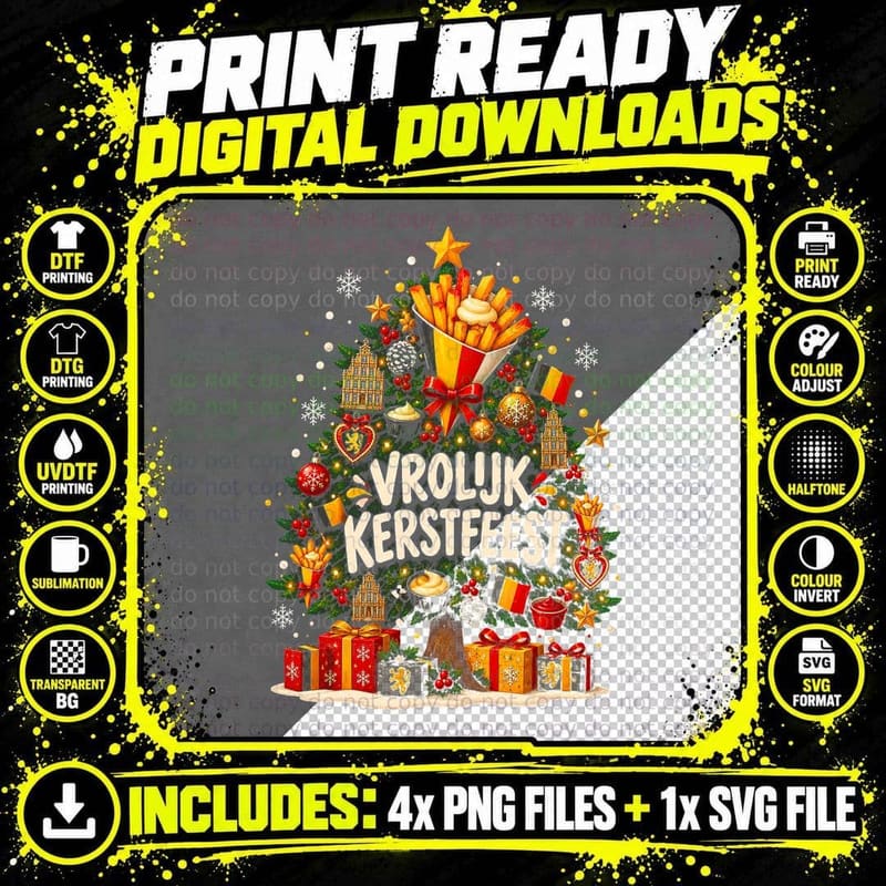 Vrolijk Kerstfeest Belgian Fries Christmas Tree Flemish Flags Halftone T-Shirt Png SVG Digital Bundle