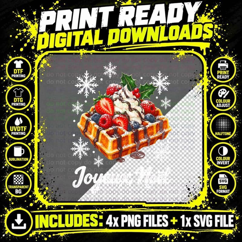 Joyeux Noel Belgian Waffle Strawberries Cream Christmas Food Halftone T-Shirt Png SVG Digital Bundle