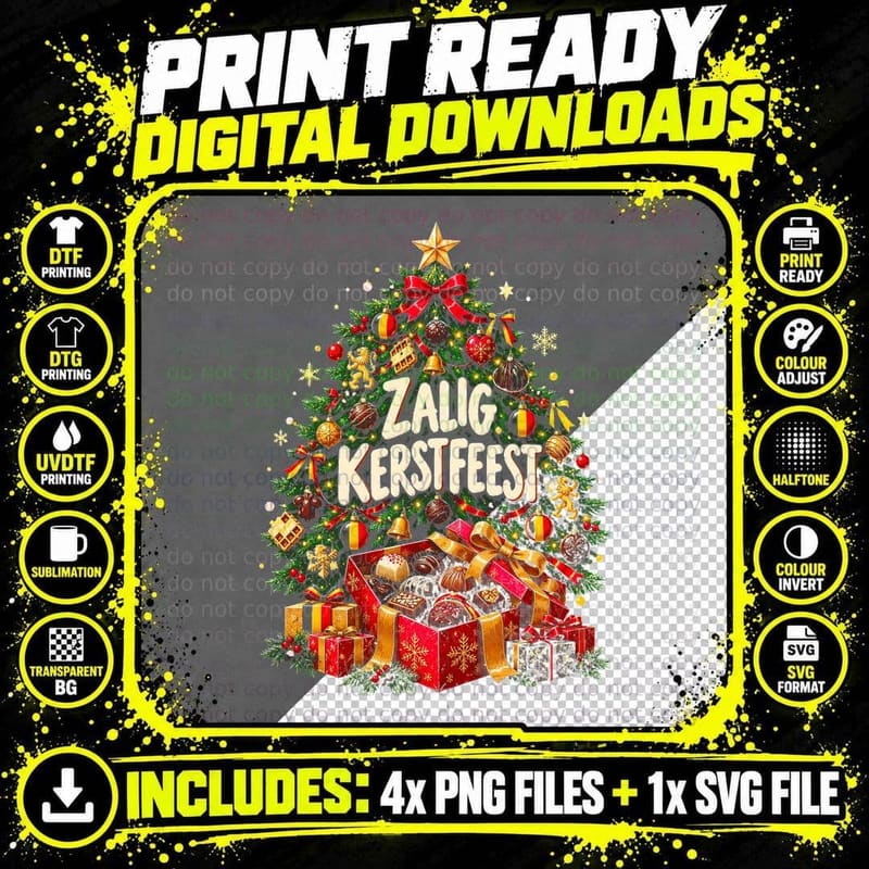 Zalig Kerstfeest Belgian Chocolates Pralines Christmas Tree Halftone T-Shirt Png SVG Digital Bundle