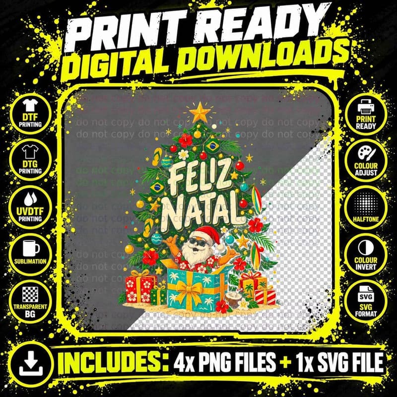 Feliz Natal Beach Santa Present Brazilian Christmas Tree Halftone T-Shirt Png SVG Digital Bundle