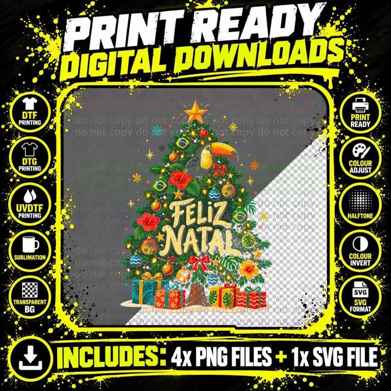 Feliz Natal Toucan Christmas Tree Hibiscus Brazil Tropical Halftone T-Shirt Png SVG Digital Bundle