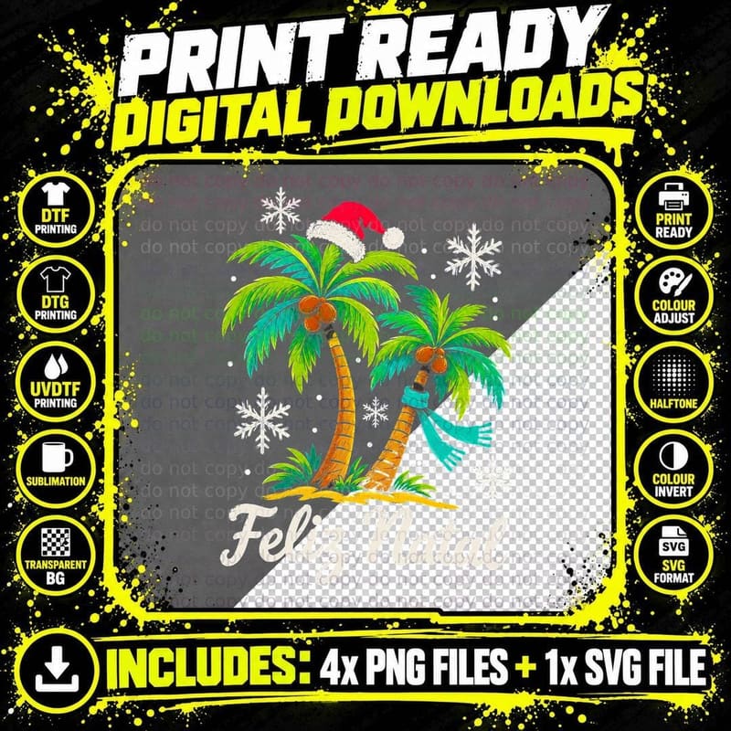 Feliz Natal Palm Trees Santa Hat Scarf Tropical Beach Christmas Halftone T-Shirt Png SVG Digital Bundle