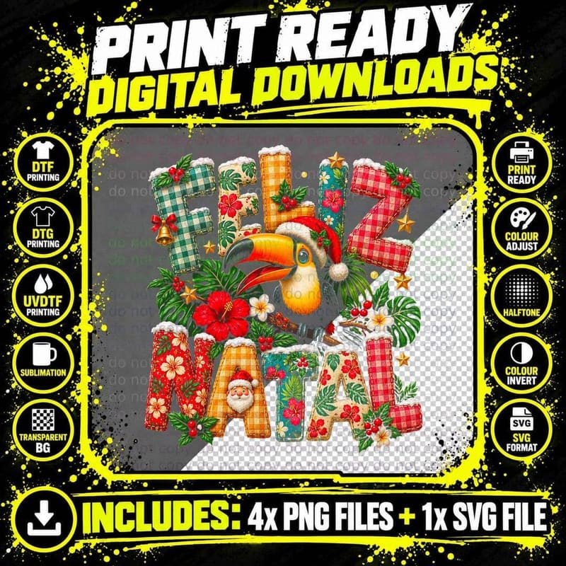 Feliz Natal Toucan Santa Hat Patchwork Letters Brazilian Xmas Halftone T-Shirt Png SVG Digital Bundle