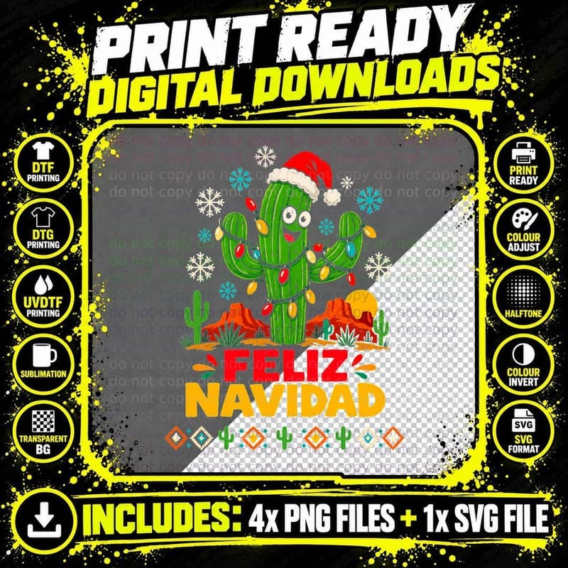 Feliz Navidad Cactus Santa Hat Fairy Lights Mexican Christmas Halftone T-Shirt Png SVG Digital Bundle
