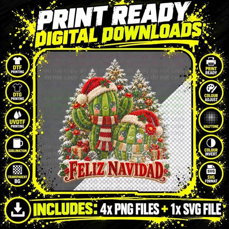 Feliz Navidad Plush Cactus Couple Santa Hats Mexican Christmas Halftone T-Shirt Png SVG Digital Bundle