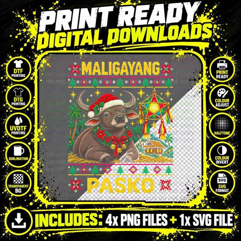 Maligayang Pasko Carabao Parol Lantern Filipino Xmas Sweater Halftone T-Shirt Png SVG Digital Bundle