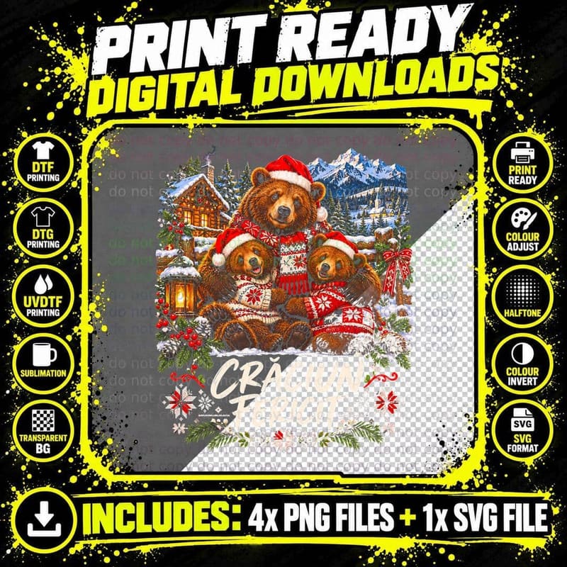 Craciun Fericit Bear Family Folk Sweaters Romanian Christmas Halftone T-Shirt Png SVG Digital Bundle