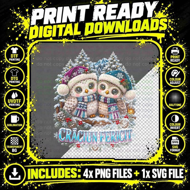 Craciun Fericit Snowy Owl Couple Cute Plush Romanian Christmas Halftone T-Shirt Png SVG Digital Bundle