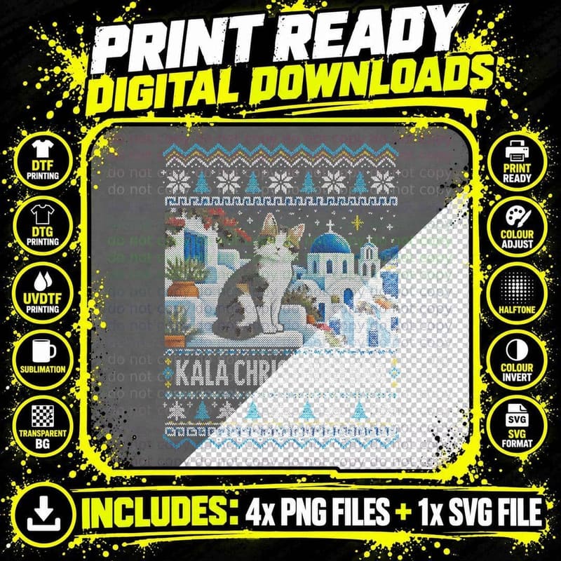 Kala Christougenna Greek Cat Santorini Christmas Ugly Sweater Halftone T-Shirt Png SVG Digital Bundle