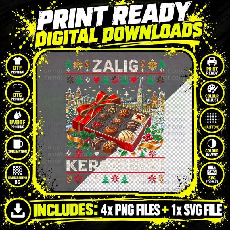 Zalig Kerstfeest Belgian Chocolate Pralines Ugly Xmas Jumper Halftone T-Shirt Png SVG Digital Bundle