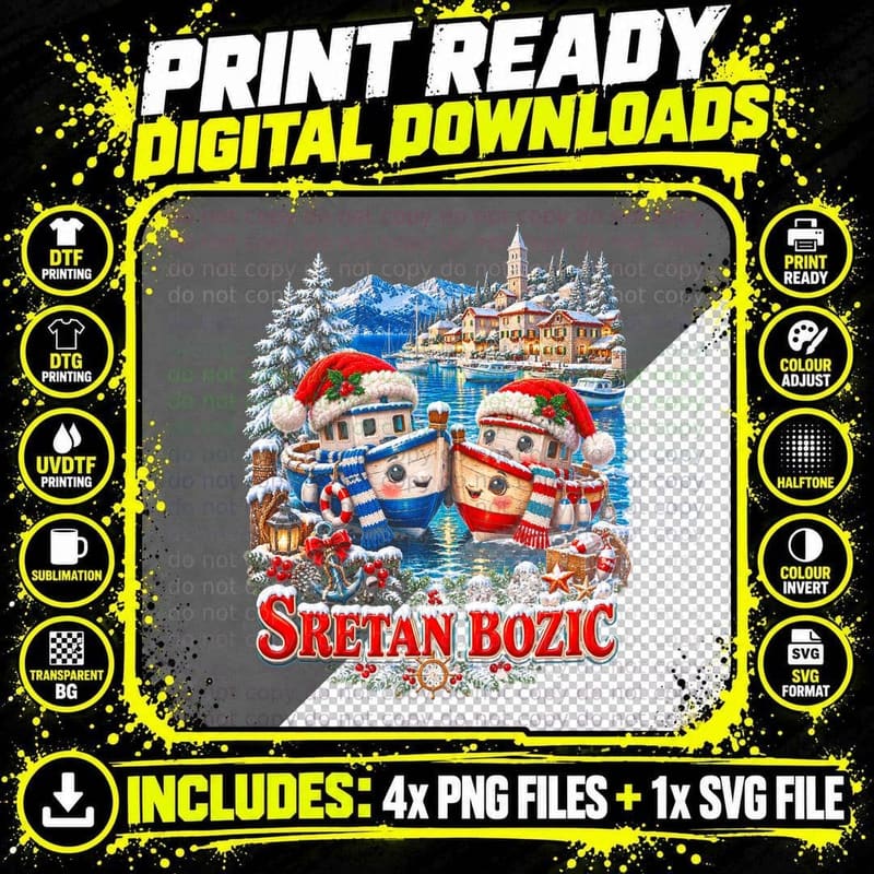 Sretan Bozic Cute Plush Boats Santa Hats Adriatic Christmas Halftone T-Shirt Png SVG Digital Bundle
