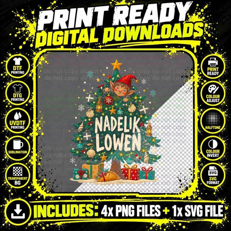 Nadelik Lowen Cornish Pixie Christmas Tree Pasty Seashells Halftone T-Shirt Png SVG Digital Bundle