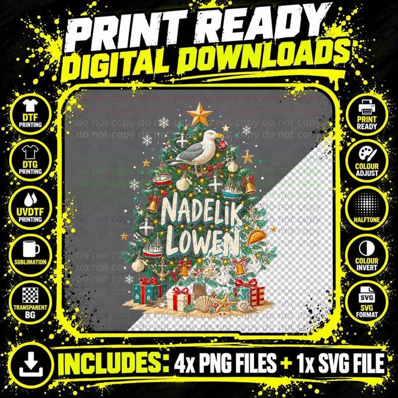 Nadelik Lowen Seagull Christmas Tree Cornwall Seaside Shells Halftone T-Shirt Png SVG Digital Bundle