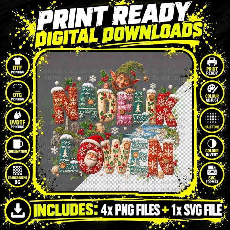 Nadelik Lowen Merry Christmas in Cornish Knitted Letters Pixie Halftone T-Shirt Png SVG Digital Bundle