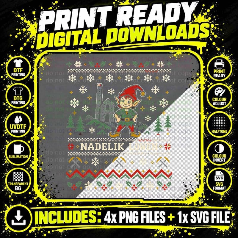 Nadelik Lowen Cornish Pixie Tin Mine Ugly Christmas Sweater Halftone T-Shirt Png SVG Digital Bundle