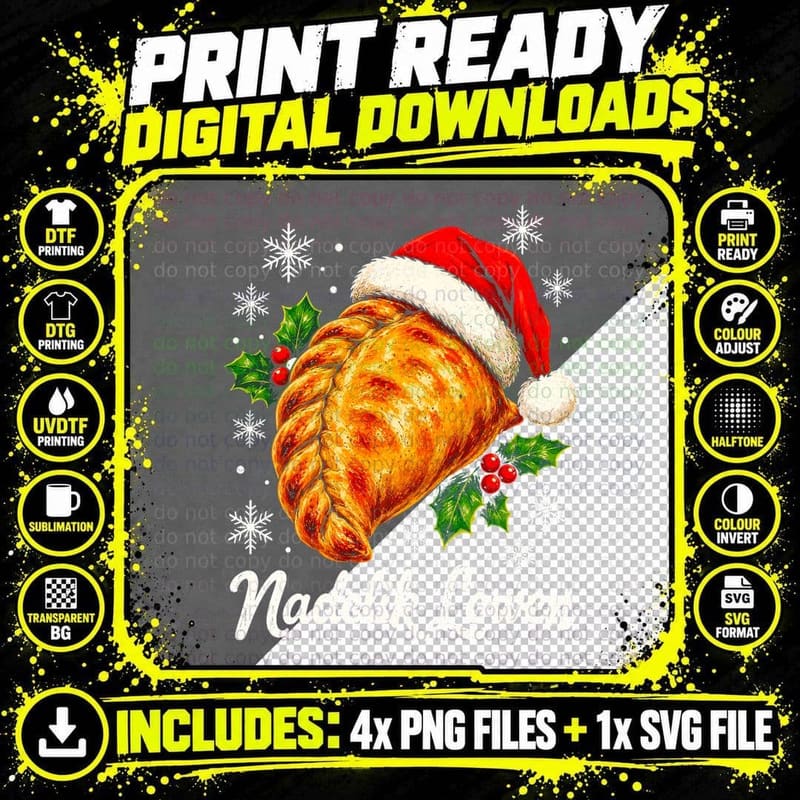 Nadelik Lowen Cornish Pasty in Santa Hat Funny Christmas Food Halftone T-Shirt Png SVG Digital Bundle