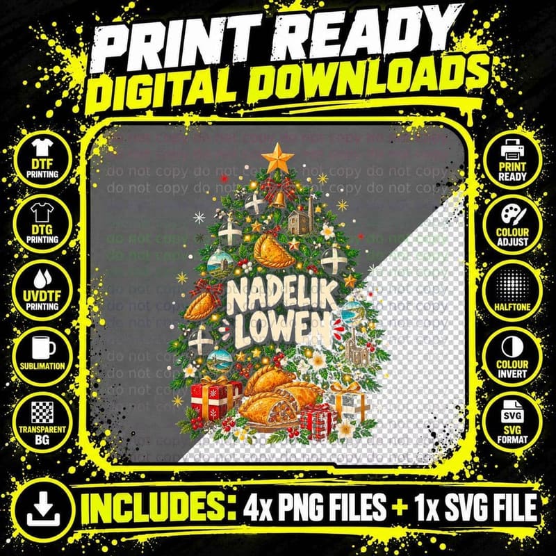 Nadelik Lowen Cornish Pasty Christmas Tree St Piran Flag Halftone T-Shirt Png SVG Digital Bundle