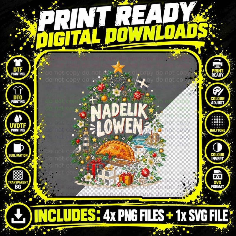 Cornwall Christmas Tree Nadelik Lowen St Pirans Flags Kernow Halftone T-Shirt Png SVG Digital Bundle