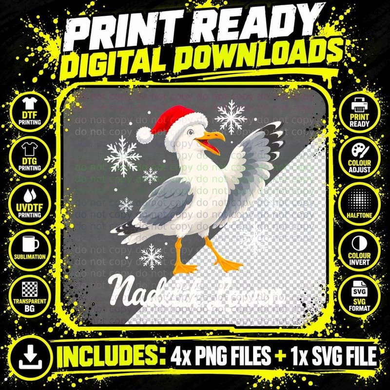 Nadelik Lowen Seagull in Santa Hat Funny Cornish Christmas Bird Halftone T-Shirt Png SVG Digital Bundle