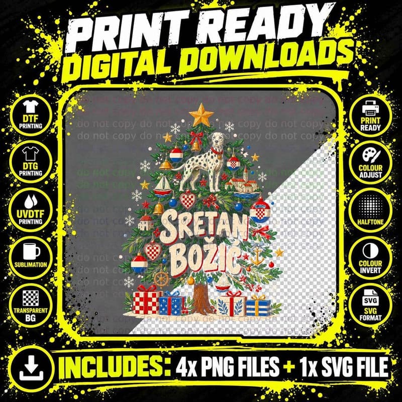 Croatia Christmas Tree Sretan Bozic Dalmatian Dog Topper Flags Halftone T-Shirt Png SVG Digital Bundle