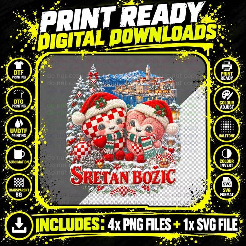 Sretan Bozic Croatian Checkerboard Hearts Cute Plush Christmas Halftone T-Shirt Png SVG Digital Bundle