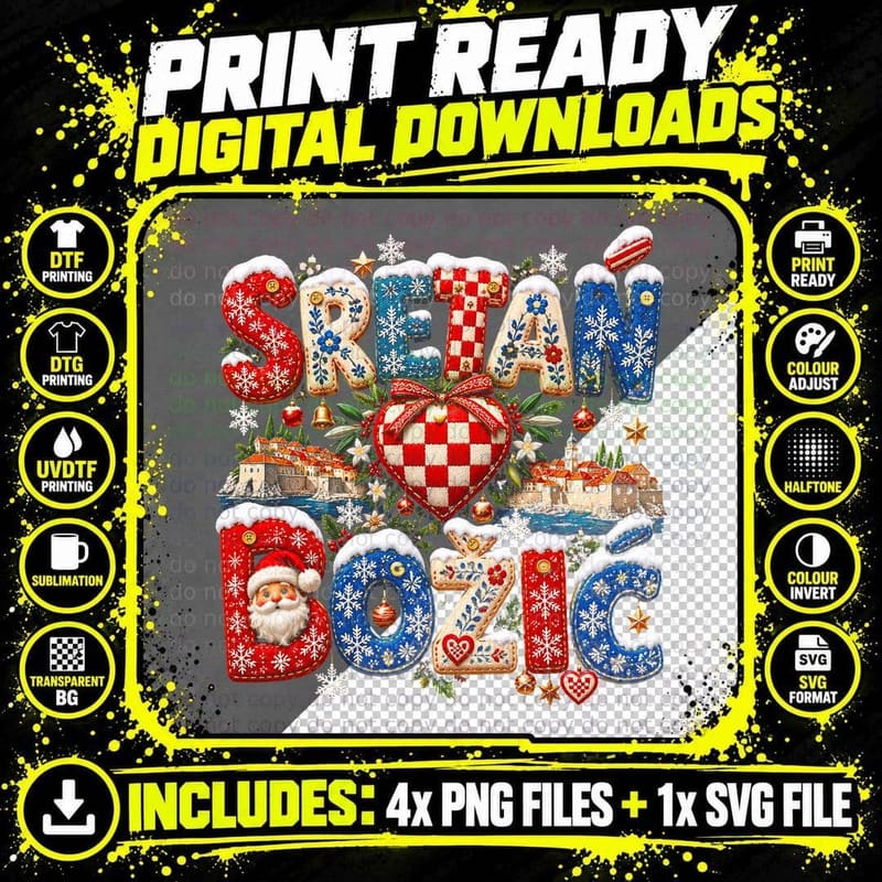 Sretan Bozic Knit Letters Croatia Checkerboard Heart Christmas Halftone T-Shirt Png SVG Digital Bundle