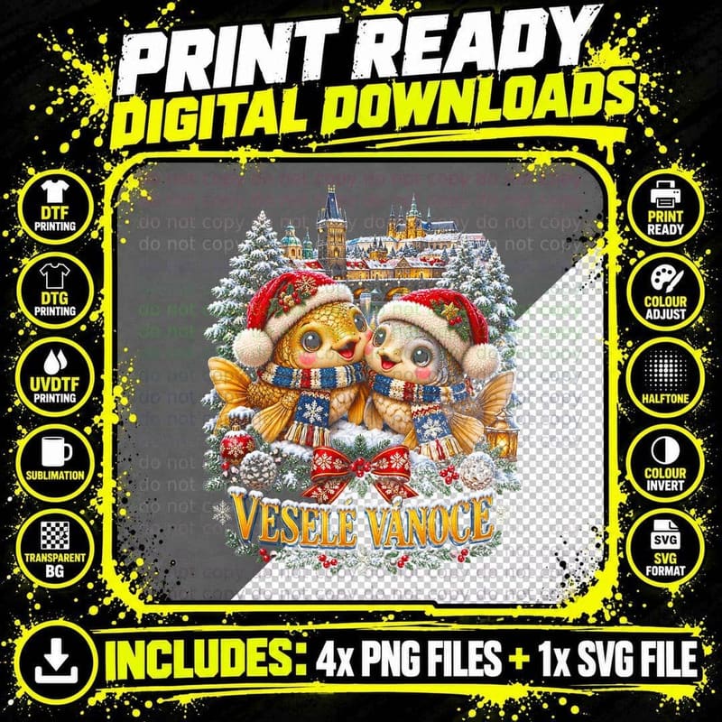 Vesele Vanoce Cute Christmas Carp Couple Plush Prague Czech Halftone T-Shirt Png SVG Digital Bundle