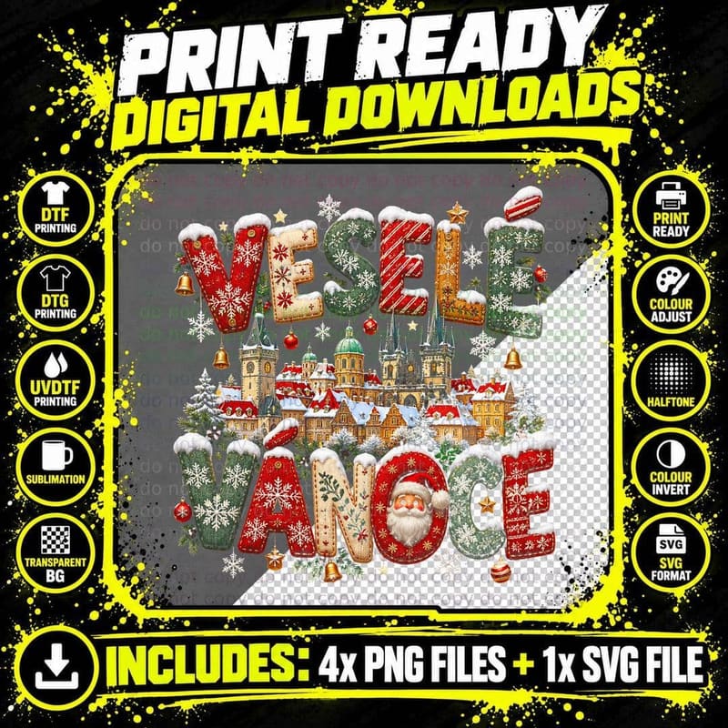 Vesele Vanoce Knitted Letters Prague Santa Czech Christmas Halftone T-Shirt Png SVG Digital Bundle