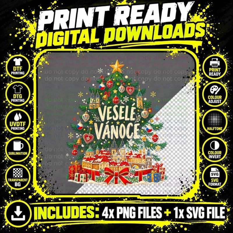 Czech Republic Christmas Tree Vesele Vanoce Prague Rooftops Halftone T-Shirt Png SVG Digital Bundle