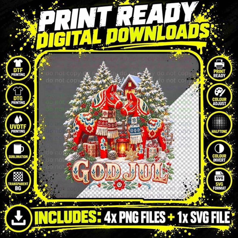 God Jul Swedish Dala Horse Cute Plush Christmas Nordic Folk Halftone T-Shirt Png SVG Digital Bundle
