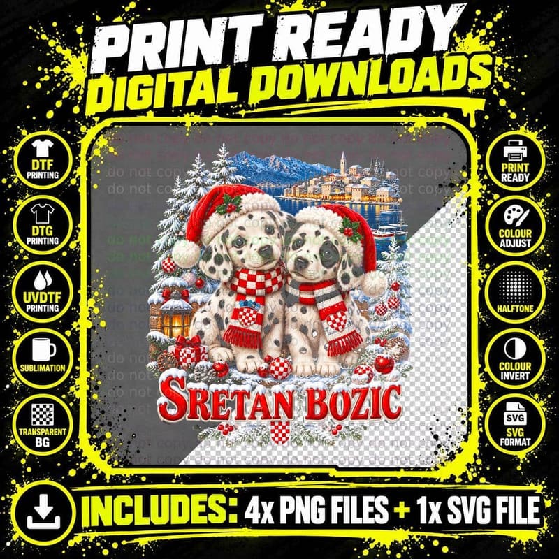 Sretan Bozic Dalmatian Puppies Croatian Christmas Cute Plush Halftone T-Shirt Png SVG Digital Bundle