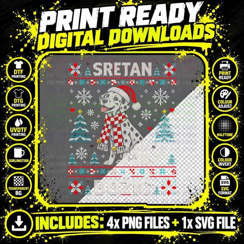 Sretan Bozic Dalmatian Dog Santa Hat Knitted Christmas Jumper Halftone T-Shirt Png SVG Digital Bundle