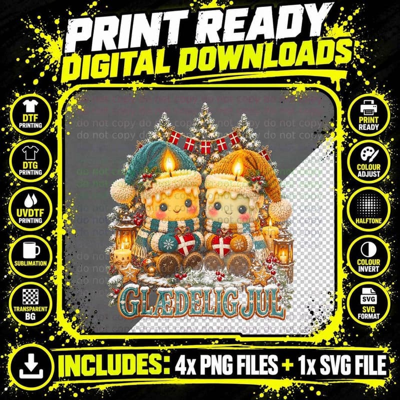 Glaedelig Jul Hygge Candles Cute Plush Danish Christmas Hearts Halftone T-Shirt Png SVG Digital Bundle