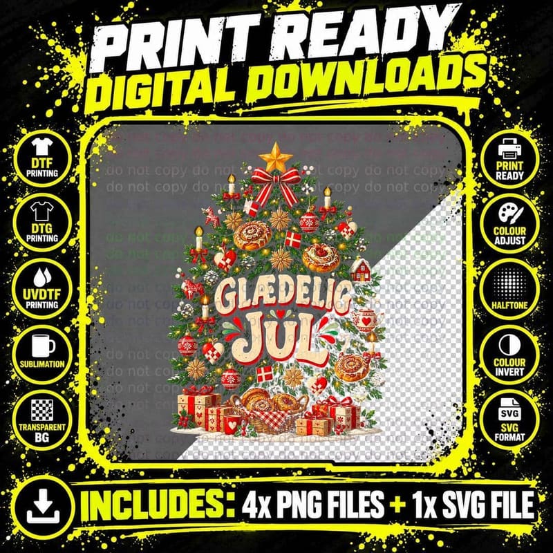 Glaedelig Jul Danish Pastries Christmas Tree Cinnamon Swirls Halftone T-Shirt Png SVG Digital Bundle