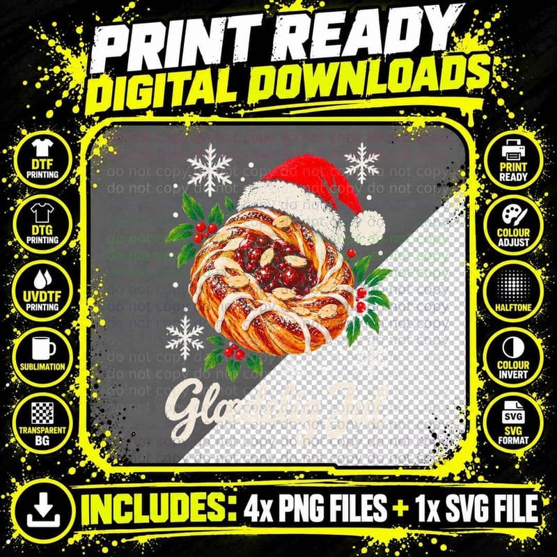 Glaedelig Jul Danish Pastry Wreath Santa Hat Christmas Bakery Halftone T-Shirt Png SVG Digital Bundle