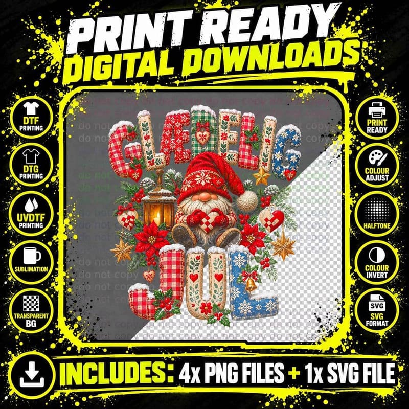 Glaedelig Jul Knitted Letters Nisse Gnome Woven Heart Christmas Halftone T-Shirt Png SVG Digital Bundle
