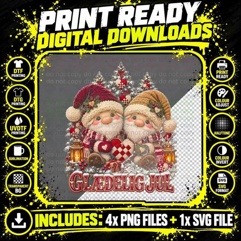 Glaedelig Jul Nisse Gnomes Cute Plush Danish Christmas Hearts Halftone T-Shirt Png SVG Digital Bundle