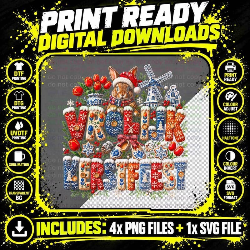 Vrolijk Kerstfeest Knit Letters Dutch Rabbit Windmill Christmas Halftone T-Shirt Png SVG Digital Bundle