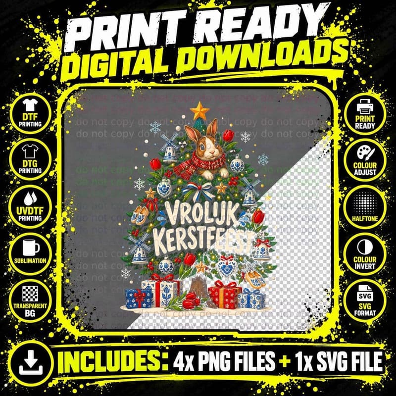 Vrolijk Kerstfeest Dutch Rabbit Christmas Tree Delft Blue Halftone T-Shirt Png SVG Digital Bundle